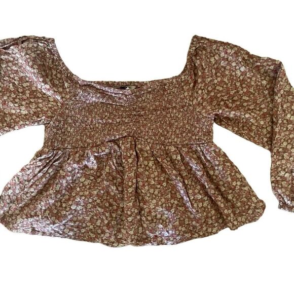 American eagle outfitters smocked floral peplum sleeve crop top blouse sz S - Picture 5 of 8